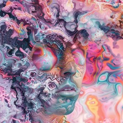 A person’s face blends with vivid colors, creating a surreal effect filled with swirling abstract patterns and textures