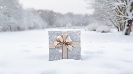 Christmas holiday gift and present, gift box in the snow in snowfall winter countryside nature for boxing day, holidays shopping sale idea