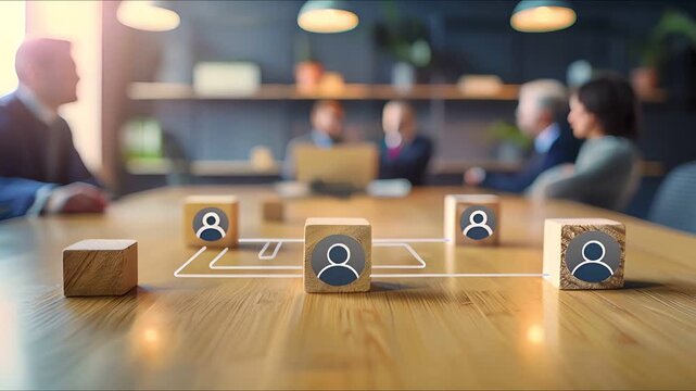 Wooden blocks with person icons represent a team in a meeting, symbolizing connection and collaboration.