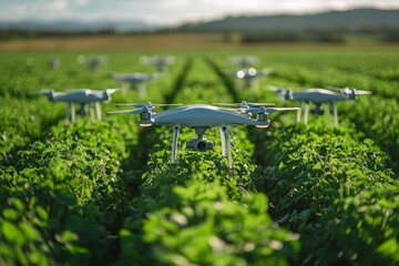 A drones spraying pesticide on crops, smart farming. Generative AI