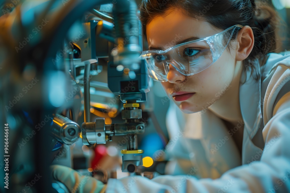 Poster focused young scientist working on advanced machinery in a laboratory setting