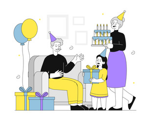 Grandfathers birthday concept. Grandmother and girl give gifts to elderly man. Family celebrating holiday and festival. Senior with presents and surprises. Linear vector illustration