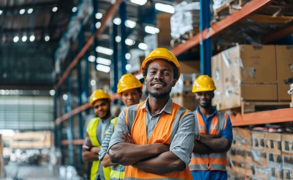 Group of warehouse workers with crossed arms in a company storage facility.Generated image