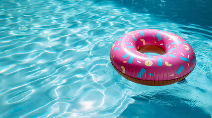 Colorful inflatable ring float with a donut pattern,  rubber toy floating on the surface of blue water in a swimming pool. Summer vacations, sea travels, relaxation at a resort, tropical sunny weather