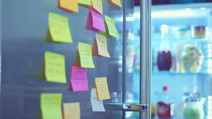 Sticky notes attached to a door of fridge or refrigerator in the kitchen colorful paper stickers reminders, memory sheet, papers with daily tasks list remembering and memorizing, checklist planning