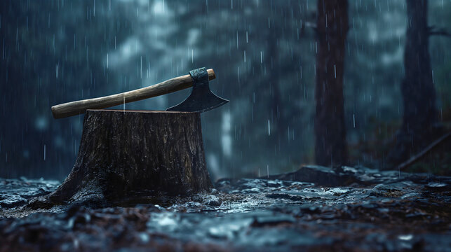 Metal hand axe for cutting or chopping wood, preparing firewood for winter, embedded in a chopped tree stump in a gloomy forest, wilderness during rain, storm, or thunderstorm, lumberjack tool, nature