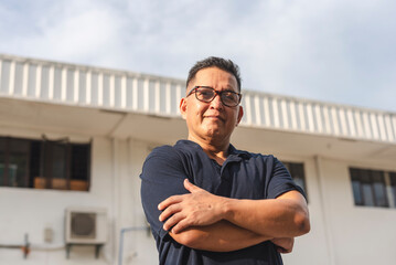 A self made middle aged asian entrepreneur and businessman posing in front of his factory or warehouse facility. Concept of success story.