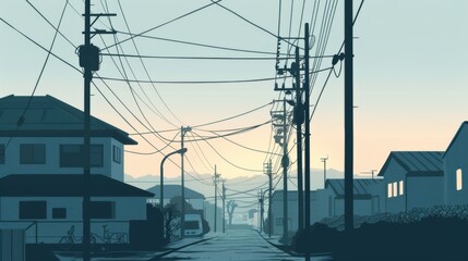 Minimalism illustration, silhouette of a quiet residential street without people, flat illustration on light gray background, empty copy space, lofi style illustration