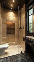 Ultra-small bathroom, minimalist Italian design style, natural stone textures, wet and dry separation, smart toilet, solid wood bathroom cabinet, black color theme.