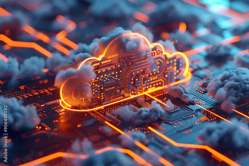 Poster futuristic cloud computing concept with circuitry and neon effects
