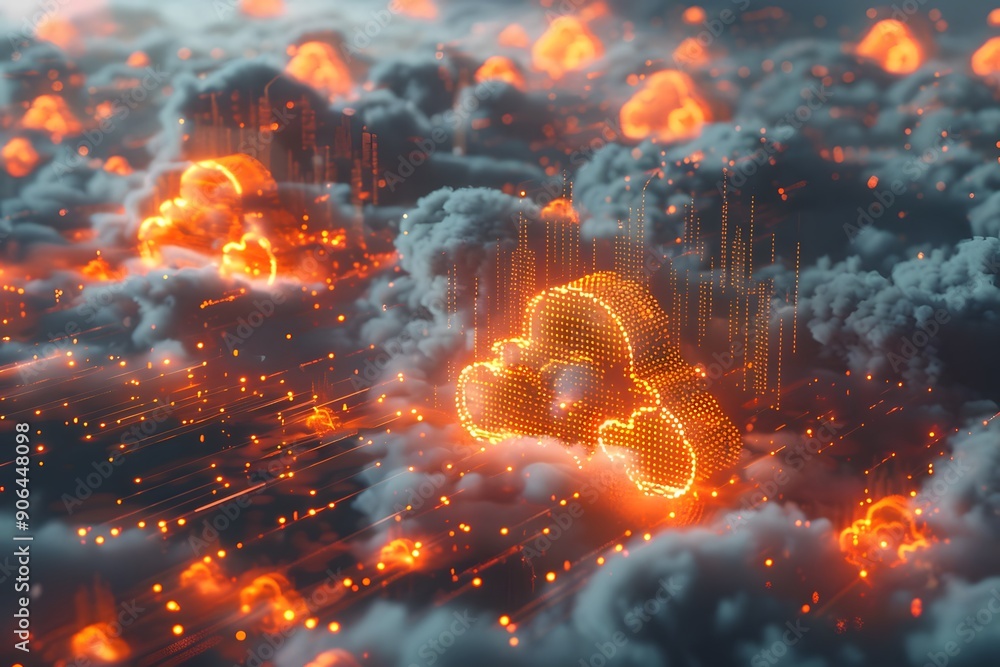 Poster futuristic cloud computing concept with glowing data streams and digital clouds