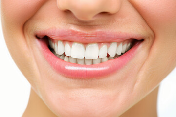 Obraz premium Close-up of a woman's mouth smiling, showing beautiful and healthy teeth. Dental health concept.