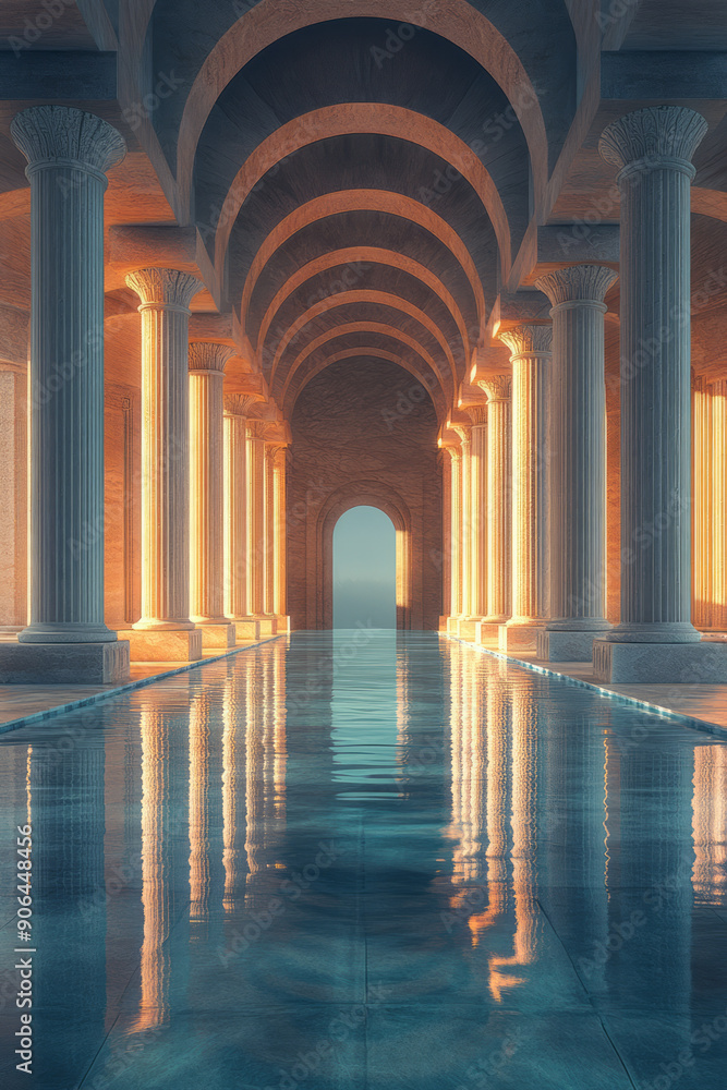 Poster modern take on a classical temple in 3d, with sleek lines and reflective materials creating a timele