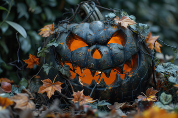 Eerie carved pumpkin glowing amid autumn leaves. Generative AI image