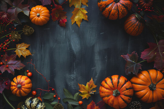 Assorted pumpkins and autumn leaves on a dark background. Generative AI image