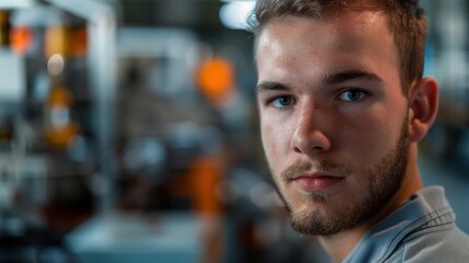 A close-up portrait of a young Belgian male engineer