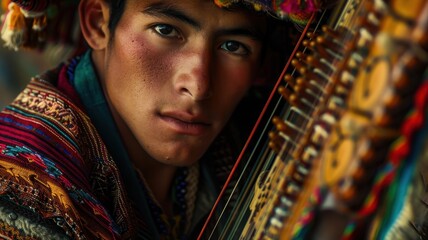 Expressive close-up portrait of a young Bolivian male musician playing traditional instruments