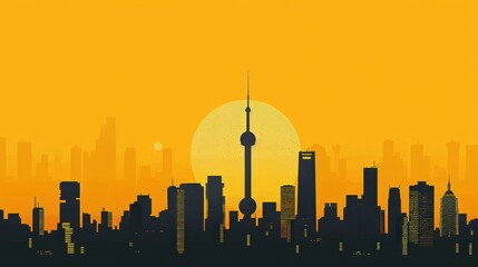 Obraz premium Minimalism illustration, silhouette of a sleek metro city skyline with a prominent television tower, flat illustration on warm yellow background, empty copy space, lofi style illustration 