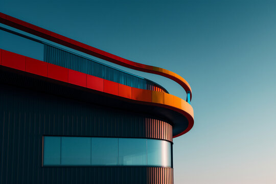 Curved architecture with vibrant red and blue tones