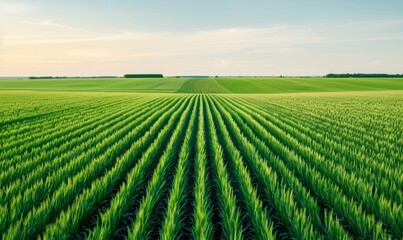 lush green wheat field with rows of crops under a clear blue sky with a horizon in the distance.