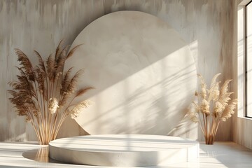 Serene Minimalist Interior with Circular Backdrop and Pampas Grass