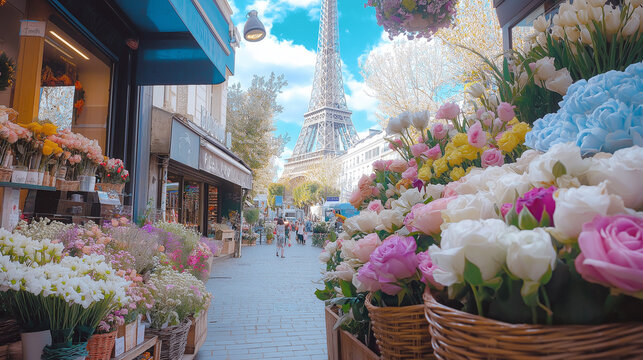 flowers in the market, a flower shop in Paris with a beautiful street view on the ground floor, flowers in the street market