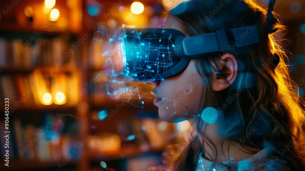 Poster high school student in classroom using vr headset with ai hologram for interactive learning and tech