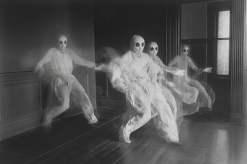 Haunting figures in an old dark room. Generative AI image