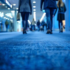 Fototapeta premium Blurred Blue Carpet at Convention Center with Pedestrians in the Background, Conveying the Dynamic Atmosphere of a Conference Venue
