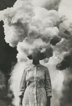 Vintage woman silhouette with explosion cloud head. Generative AI image