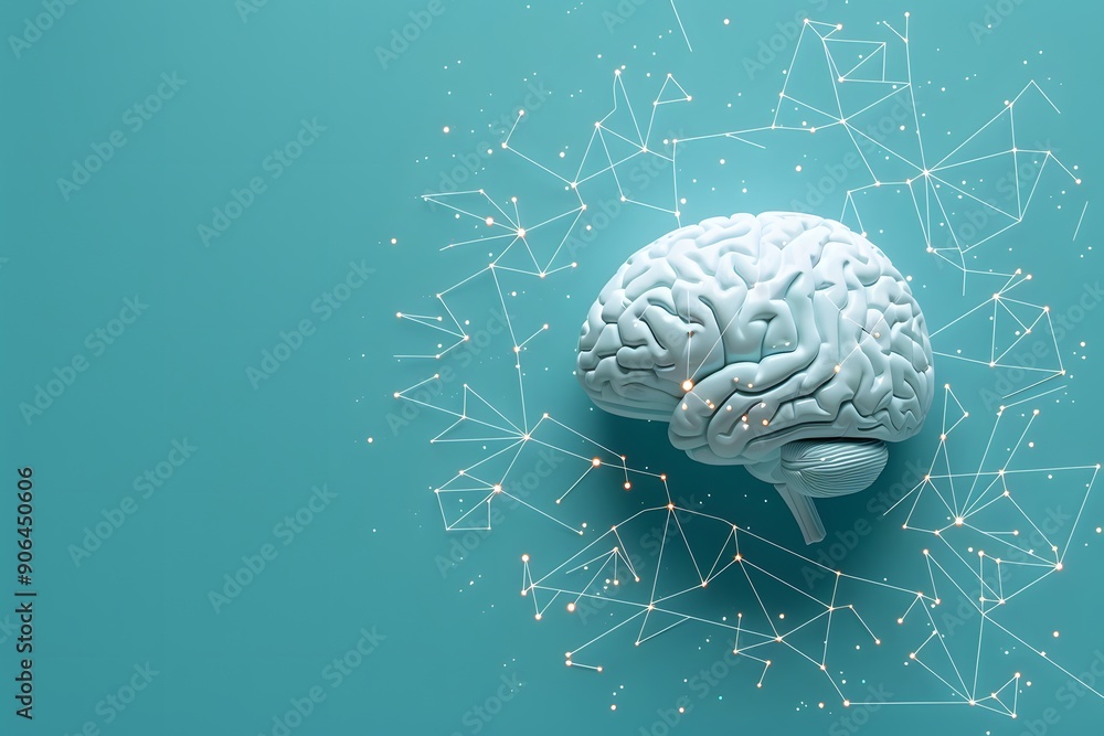 Poster conceptual illustration of a brain surrounded by abstract connections and data points