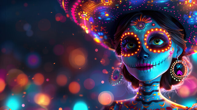 Colorful Day of the Dead celebration featuring a doll. Generative AI image