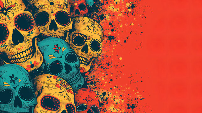 Colorful skulls representing Dia de los Muertos celebration. Generative AI image