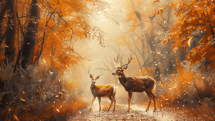 Autumn Path with Buck and Doe