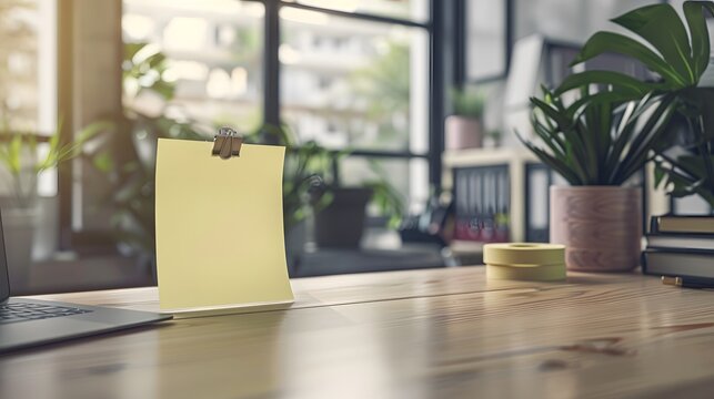 Empty paper reminder note on a clean office desk background with adhesive tape