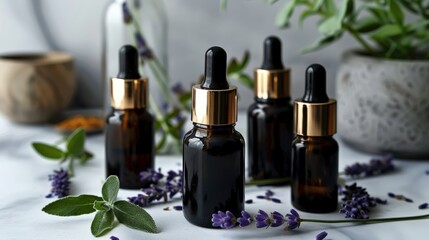 Several dark glass bottles filled with homemade facial products are arranged with fresh lavender and herbs on a marble surface