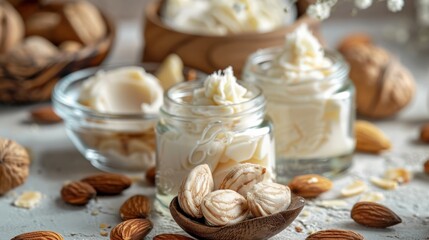 Fototapeta premium Clear glass jars hold creamy body butter, surrounded by scattered almonds and natural elements on a rustic tabletop