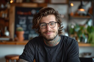Obraz premium Charming Young Man with Glasses and Tattoos in a Cozy Café Setting
