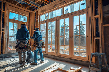 Fototapeta premium Carpenter installs doors and windows in new house