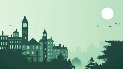 Minimalism illustration, silhouette of a university campus with buildings and a clock tower, flat illustration on soft mint background, empty copy space, lofi style illustration 