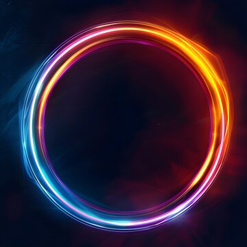 Glowing neon circle on dark background. Abstract illustration colorful light ring with free space