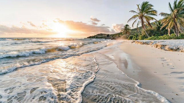 Sunset over a serene beach with waves and palm trees. Generative AI image