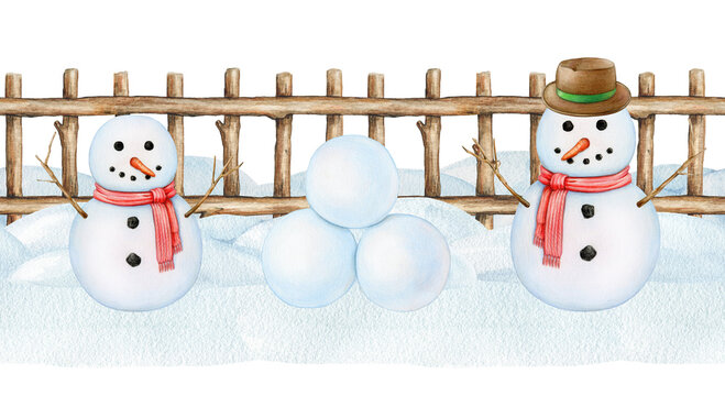 Winter season countryside wooden fence with snowy piles, snowman seamless border. Watercolor illustration of wooden old fence with funny snowman endless border countryside landscape element isolated