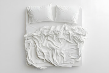 Obraz premium Blank white bed mock up, top view isolated on white background. Empty blanket and pillows mockup in bedstead