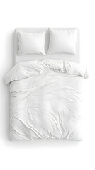 Blank white bed mock up, top view isolated on white background. Empty blanket and pillows mockup in bedstead