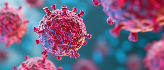 microscopic view of a coronavirus particle, rand pink spiky structure, blue background, close-up, 3d ing.