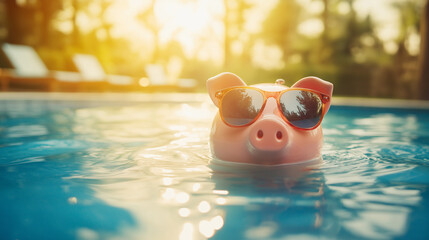 Piggy bank with sunglasses floating in a pool under the sun. Fun and whimsical scene perfect for summer and savings themes