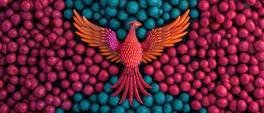 rphoenix bird in a bof colorful balls, abstract art, symbolic of rebirth, hope, and renewal, vibrant and artistic design