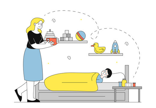 mother brings tea to sick child in bed clip art preview