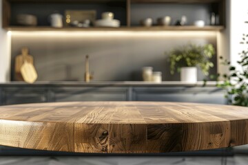 Empty beautiful round wood tabletop counter on interior in clean and bright kitchen background, Ready for display, Banner, for product montage with generative ai